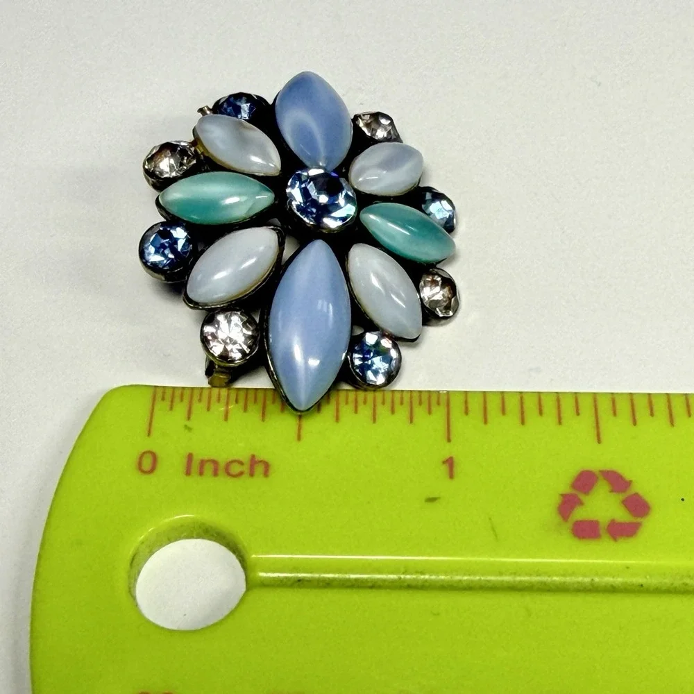 Vintage 80s Liz Claiborne Floral Brooch Blue Mint Milk Glass Rhinestone Cluster